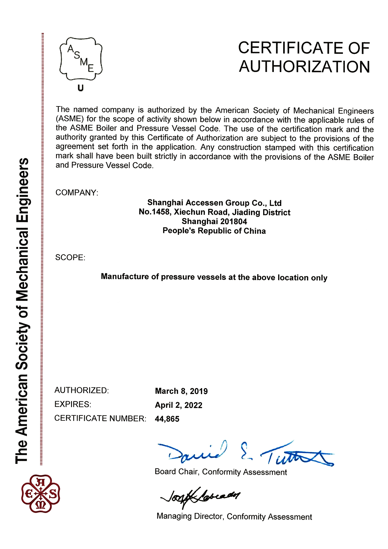 ASME Certificate